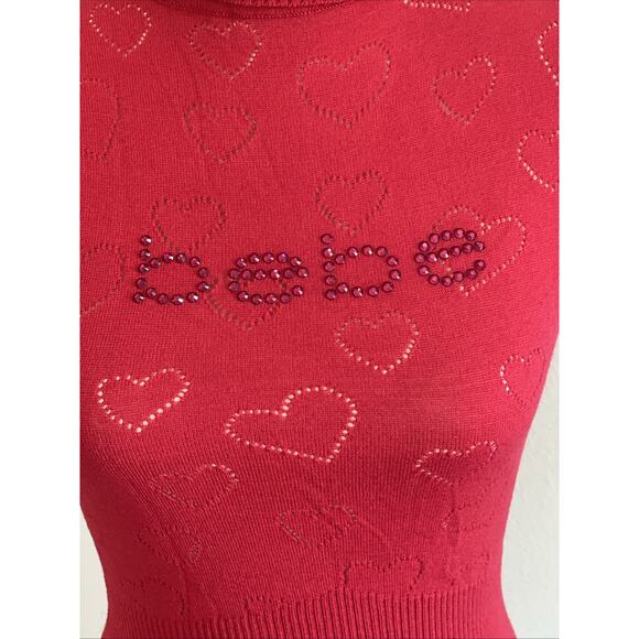 BEBE red ribbed Y2k Vtg Heart turtleneck with bebe Logo Rhinestone Shirt NEW L - Picture 2 of 15